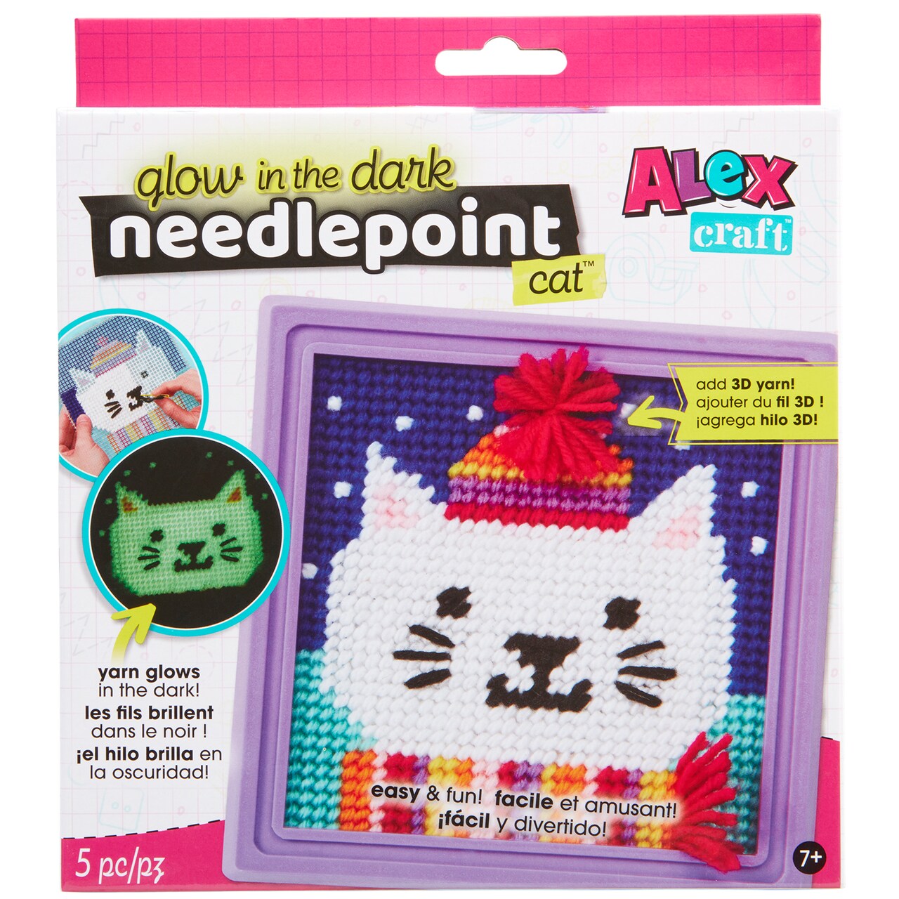 Alex: Glow-In-The-Dark Needlepoint - Cat - DIY Craft Kit, Learn To Needlepoint, All-In-1 Beginners Embroidery Craft Kit, Includes Frame, Kids Ages 7+